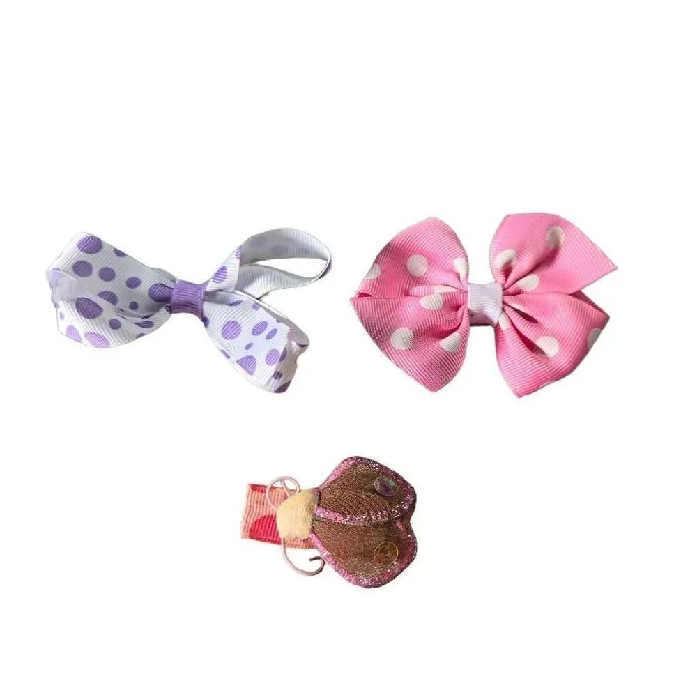 3 bows, 3". Purple polka-dot, lady bug and pink polka-dot